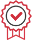 Red and grey badge icon featuring a check mark, symbolising quality assurance in retail services.