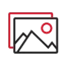 Red and black graphic featuring a mountain landscape with a sun, representing food and beverages.