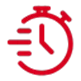 Red stopwatch icon with motion lines on a black background, indicating urgency or time sensitivity.