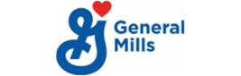 General Mills logo featuring blue text and a red heart, set against a white background.