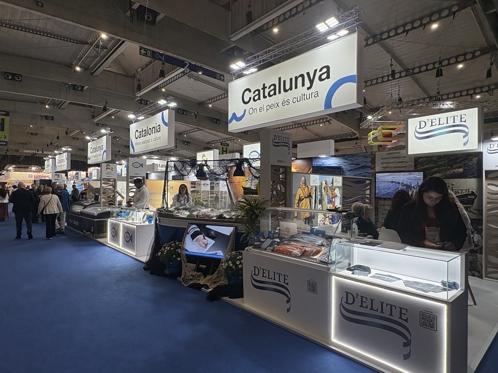 Lowe Rental's exhibition stand at Seafood Expo Global, featuring blue flooring and various displays.