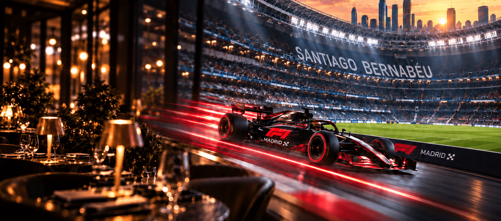 A red racing car speeds past a stadium, with a sunset illuminating the scene.