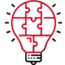Red light bulb graphic with puzzle piece design, set against a dark background.