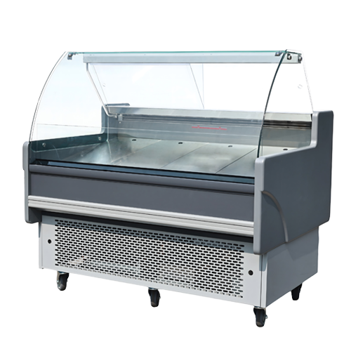 Curved glass display counter in grey, featuring a spacious interior and wheels for mobility.