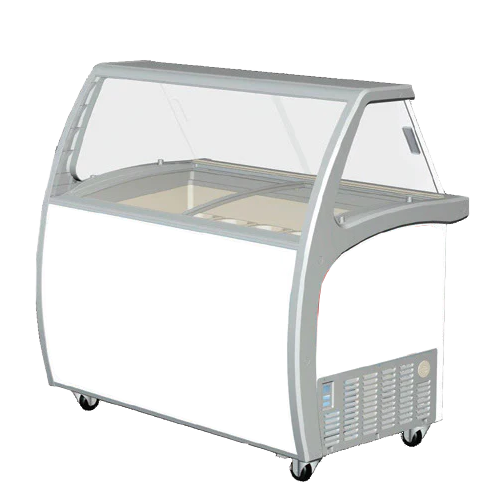 Sleek silver and white ice cream display counter with a glass top and rolling wheels.