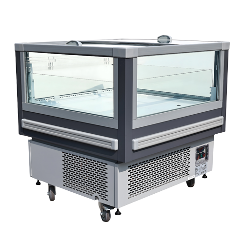Three-sided display chiller/freezer with a sleek black and silver design, featuring glass panels.