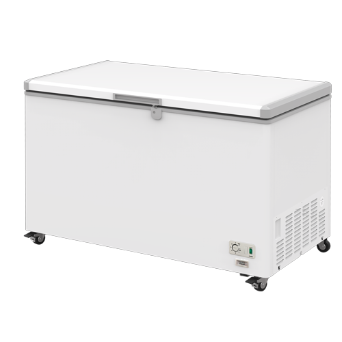 White chest freezer with a silver handle, featuring wheels for mobility and ventilation grilles.