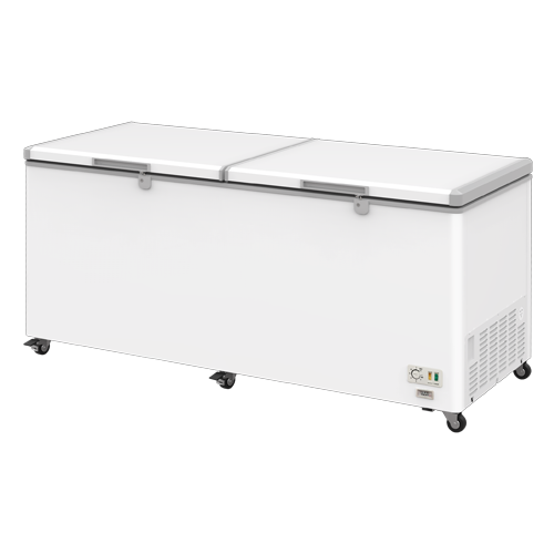 White chest freezer with two hinged lids, featuring wheels for mobility and a textured surface.