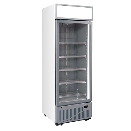 Upright display freezer with a white exterior and transparent glass door, featuring multiple shelves inside.