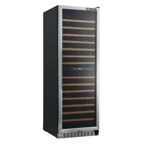 Black wine cabinet with wooden shelves, featuring a sleek stainless steel frame and glass door.