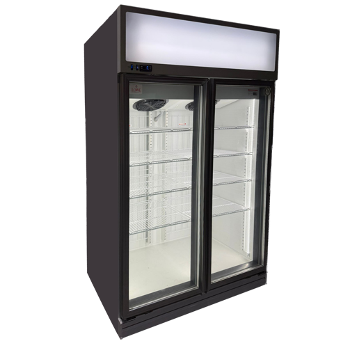 Two-door display chiller with a black exterior and illuminated top, featuring empty shelves inside.