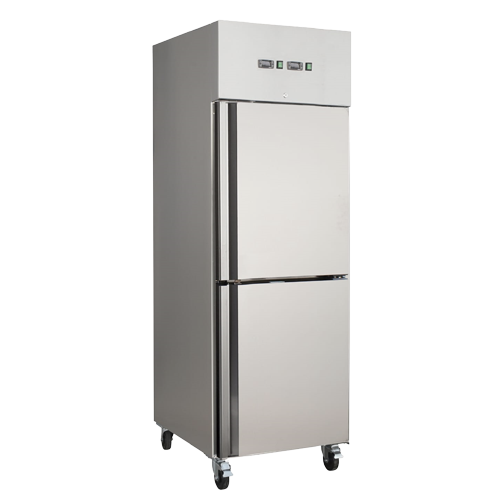 Stainless steel dual chiller and freezer unit with a sleek design and adjustable wheels.