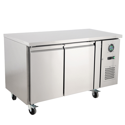 Stainless steel 314L bench chiller with two doors and a control panel on the side.