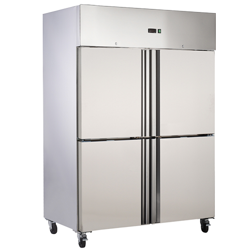 Upright chiller with a stainless steel finish and four doors, designed for commercial use.