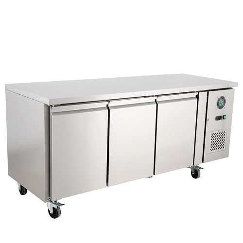 Stainless steel 540L bench chiller with three doors and adjustable temperature control on the side.