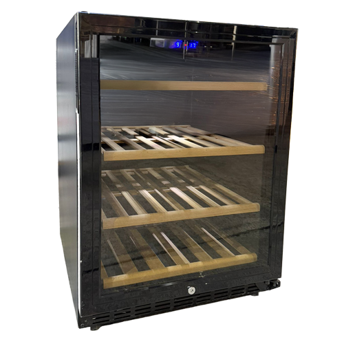 Black wine cabinet with wooden shelves, featuring a glass door and interior LED lighting.