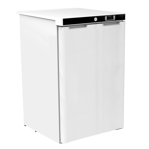 White 220L storage refrigerator with an upper freezer box and black control panel.