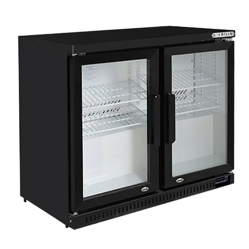 Black two-door back bar chiller with glass fronts and interior shelves, designed for beverage storage.