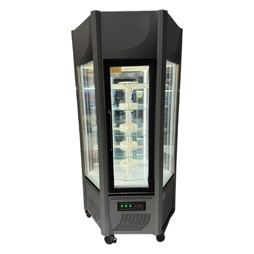 Six-sided glass door display freezer with a black frame, showcasing various frozen products inside.