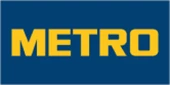 Blue and yellow METRO logo, featuring bold lettering on a dark blue background.