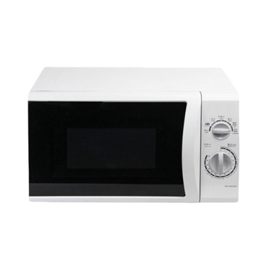 White microwave oven with a black glass door and a control dial on the right side.
