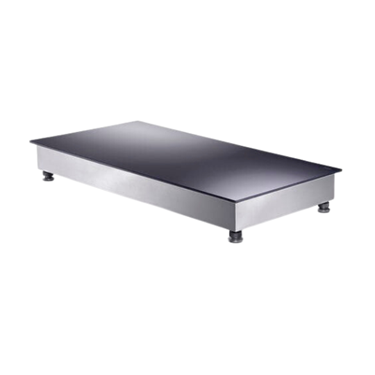 Electric hot plate with a smooth, dark surface and stainless steel base, elevated on four legs.