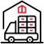 A white delivery truck with stacked boxes and a red warehouse icon on a black background.