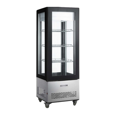 Four-sided glass display chiller with a stainless steel base, featuring adjustable shelves and wheels.
