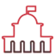 Red and black graphic of a building with a dome and flag, labelled "About Us.