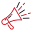 Red megaphone icon with sound waves on a black background, symbolising announcements or promotions.