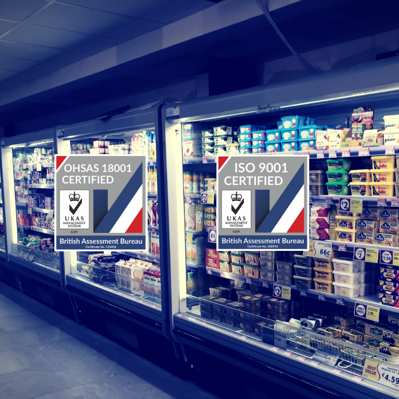Two display cases filled with products, featuring ISO 9001 and 18001 certification signs.