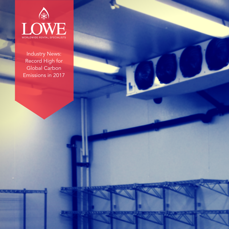 Lowe's logo and red banner over a blue-toned industrial space with metal shelving and air conditioning units.
