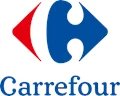 Carrefour logo featuring blue and red shapes with the name "Carrefour" in blue text below.