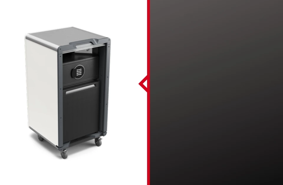 Compact silver and black fridge with a front door, set against a dark background.