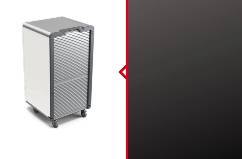 Compact grey storage unit with textured front, set against a black background.