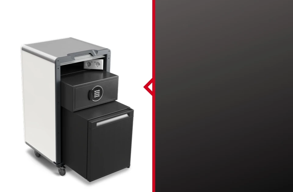 Compact black safe with a silver top, featuring a drawer and lock mechanism, on wheels.