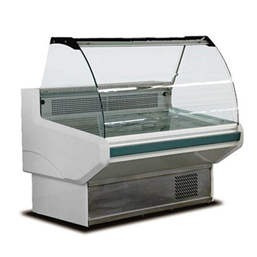 Serve-over display counter with a glass top, featuring a sleek white exterior and stainless steel base.