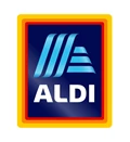 ALDI logo featuring blue and white stripes on a dark background with a red and yellow border.