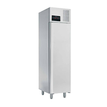 Slim stainless steel blast chiller/freezer with digital display and four legs.