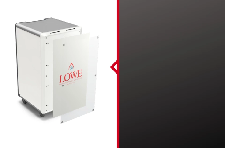 White exhibition display unit featuring the "Lowe" logo, set against a dark background.