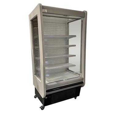 Multi-deck display fridge with a glass front, white exterior, and five adjustable shelves.