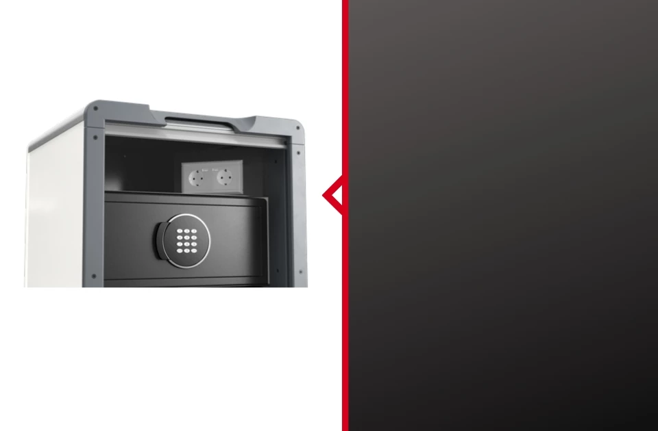 Black charging point with a keypad, set against a contrasting red and grey background.
