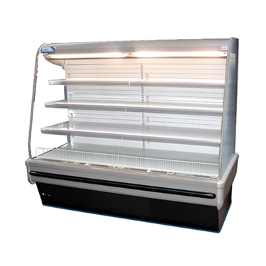 Multi-deck display fridge with transparent shelves and a black base, illuminated by overhead lights.
