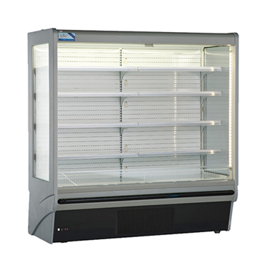 Multi-deck display fridge with a silver frame and transparent glass, featuring empty shelves.
