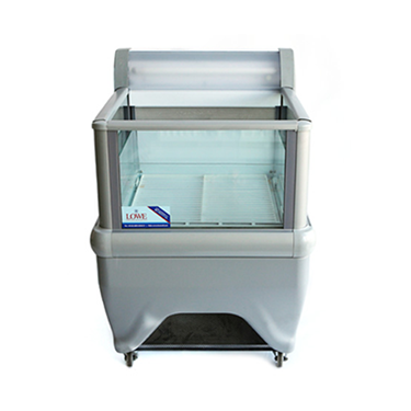 Dual temperature display fridge/freezer with a clear glass front and white exterior.