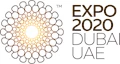 Expo 2020 Dubai logo featuring a circular design in gold and white, with text on the right.
