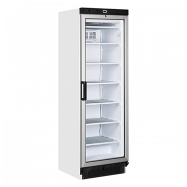 Glass door freezer with a white body and black trim, featuring multiple adjustable shelves inside.