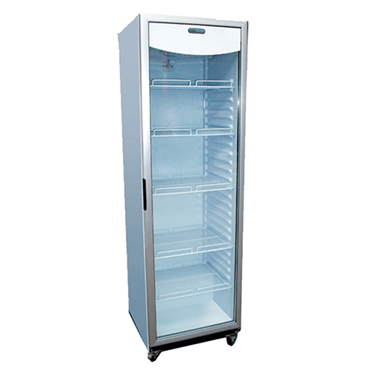 Glass door chiller with a silver frame and transparent shelves, designed for displaying beverages.