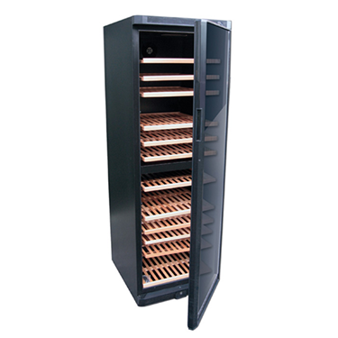 Black wine display fridge with wooden shelves, partially open to reveal storage space inside.