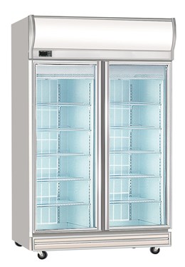Double glass door chiller with a silver frame and empty shelves, featuring a frosted interior.